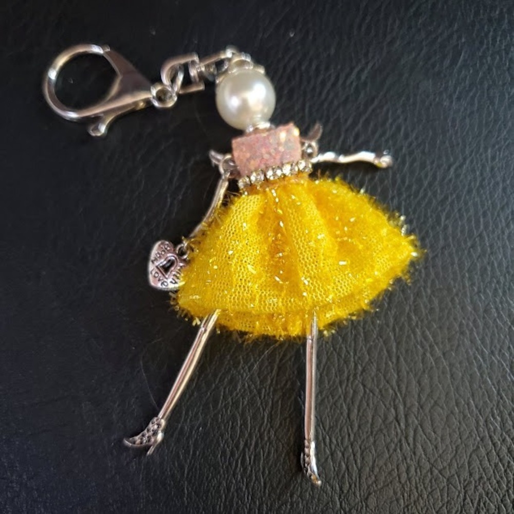 Ballerina Fairy Keychain Bag Charm Yellow Tulle Skirt Faux Pearl Glitter C